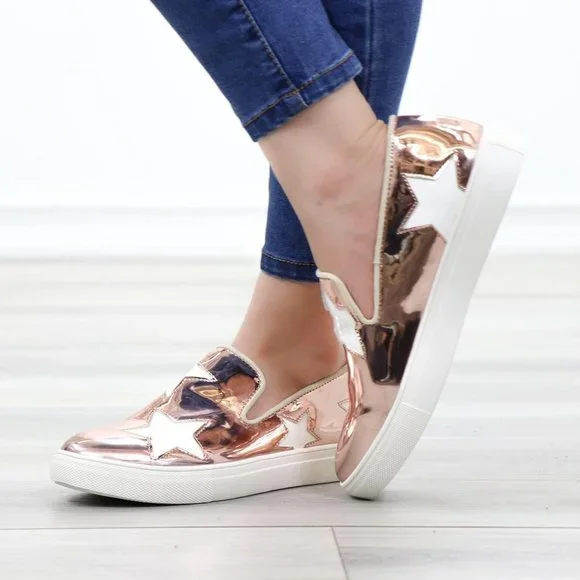 Rose Gold With White Stars Patent Sneakers Shoes - Picture 8 of 14